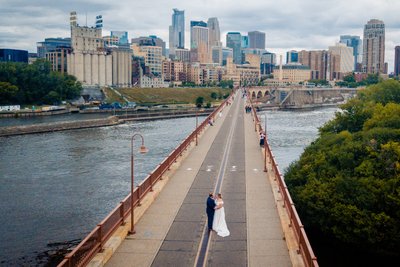 Striking Drone Wedding Photo on the Stone Arch Bridge