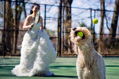 Fun Virginia Tennis Wedding Photo with a Dog 