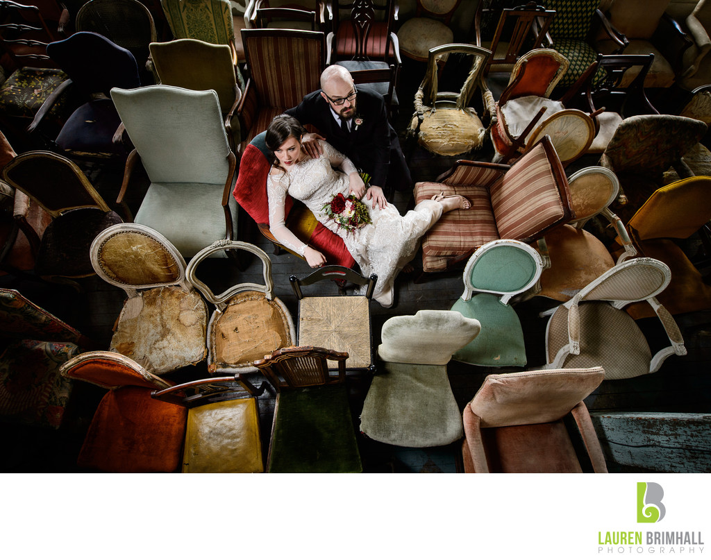 Bride and Groom on Antique Chairs