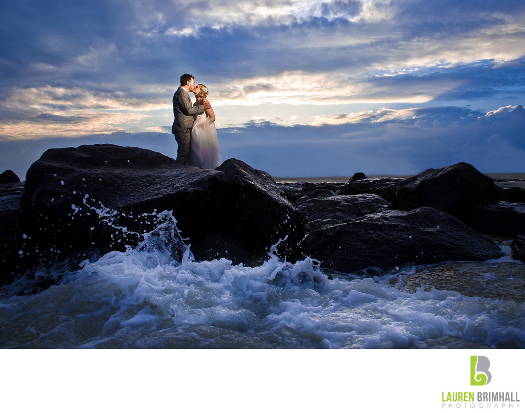 Cape May Beach wedding waves crash on rocks