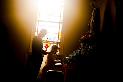 Bride and Groom in Prayer to Virgin Mary