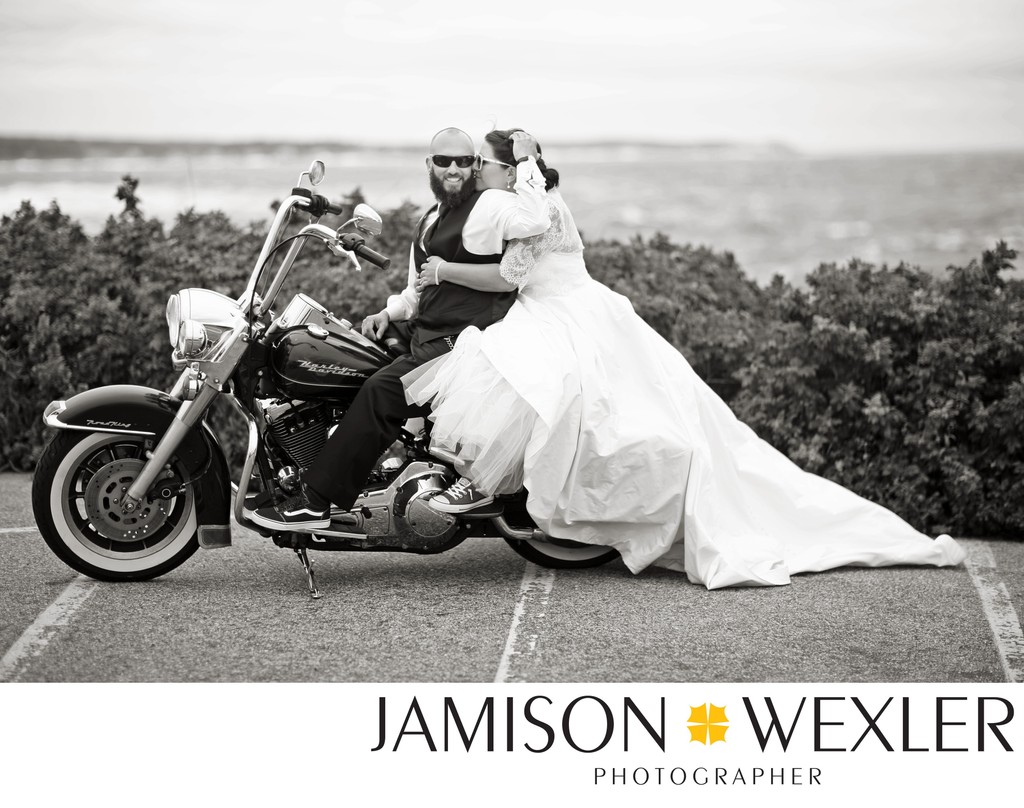 Nubble Lighthouse York Maine Motorcycle Wedding Photo