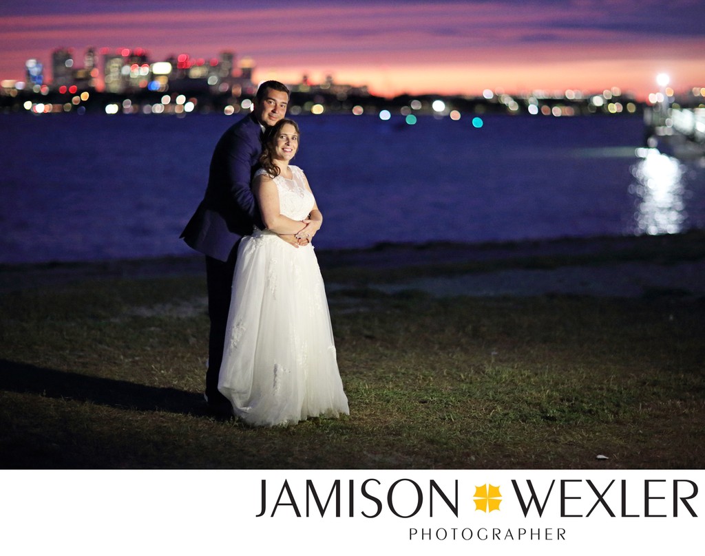 Boston Skyline Thompson Island Sunset Wedding Photo