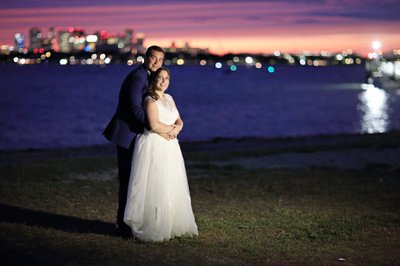 Boston Skyline Thompson Island Sunset Wedding Photo