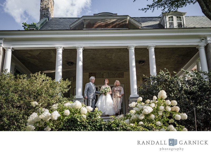 Bride and parents pre-ceremony Blithewold Mansion wedding