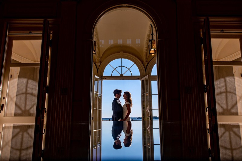 Couple and reflection at a Blithewold Mansion wedding