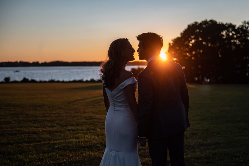 Sunset couple portrait Blithewold Mansion wedding waterfront