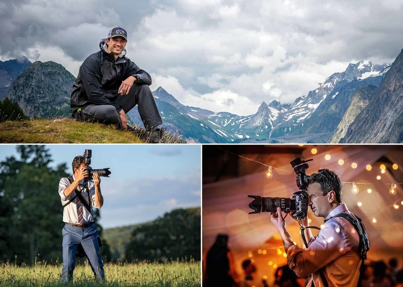 3 different photos of Randall Garnick, 2 working and the other hiking
