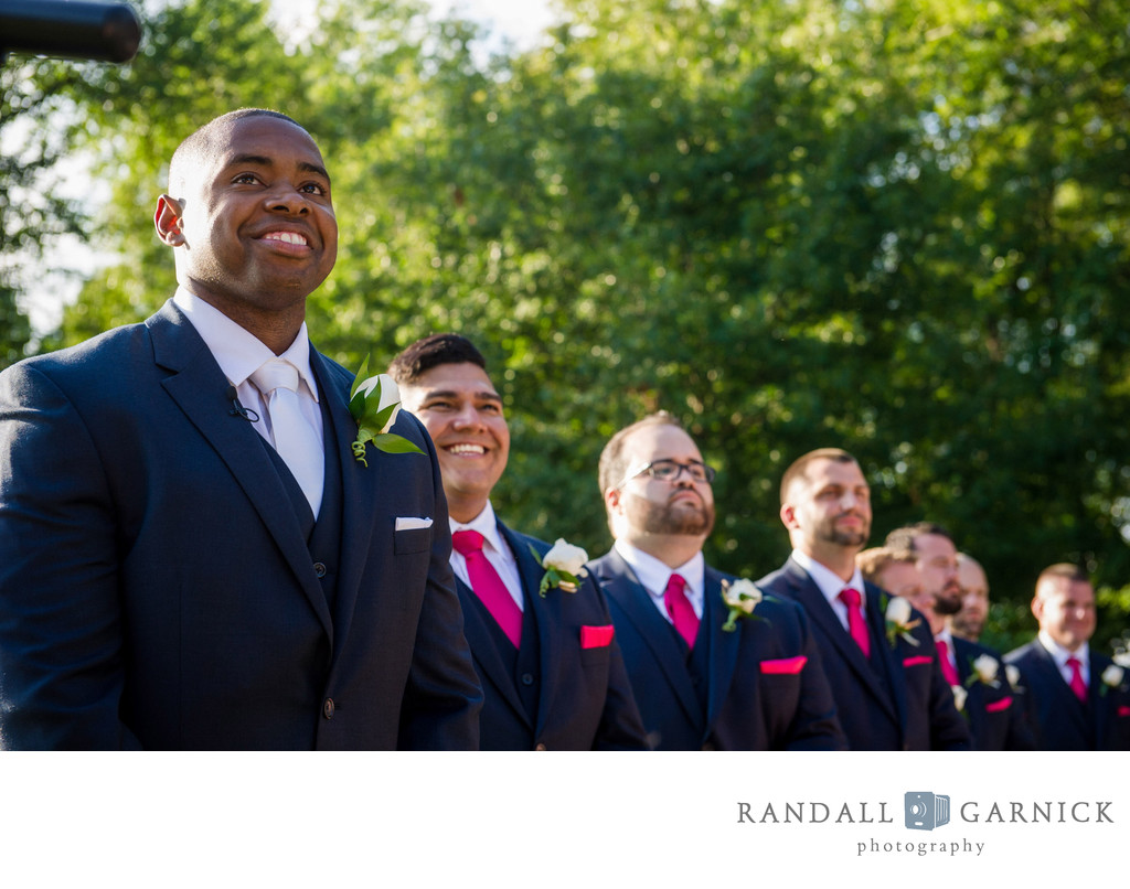 Groom and groomsmen Blithewold Mansion wedding ceremony