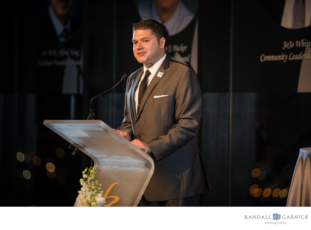 Formal gala speaker presenting at The State Room Boston
