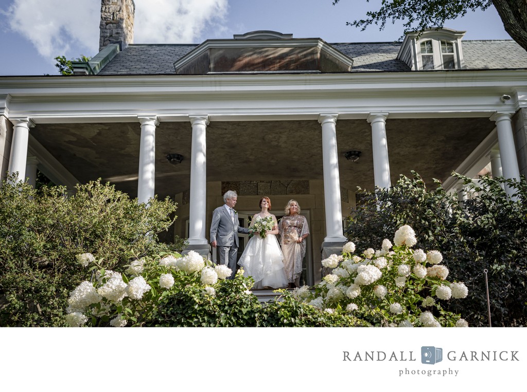 Bride and parents pre-ceremony Blithewold Mansion wedding