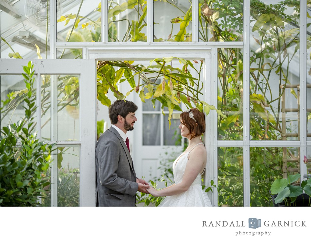 Bride and groom greenhouse portrait Blithewold Mansion wedding