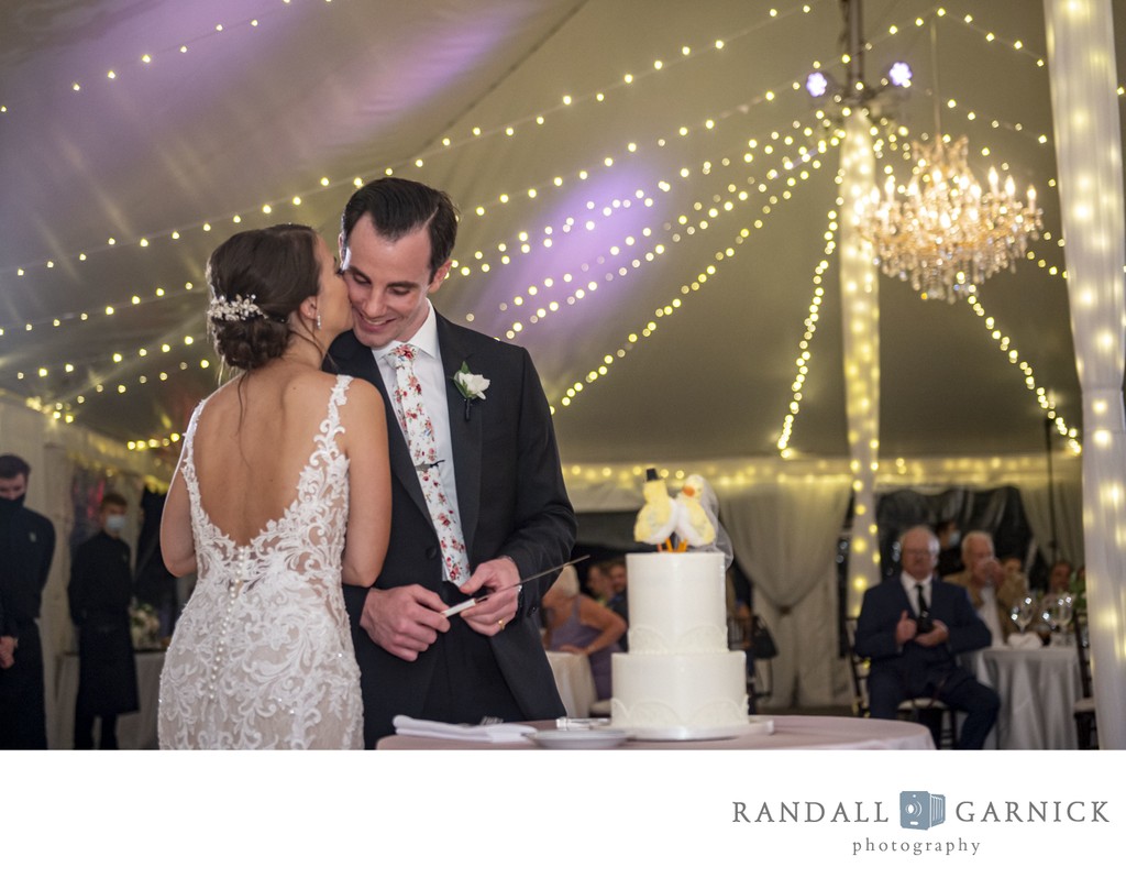 Bride and groom cutting cake Blithewold Mansion wedding reception