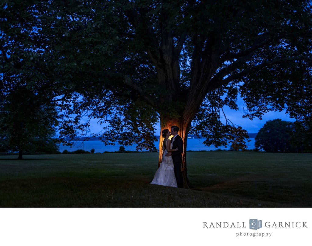 Romantic nighttime silhouette Blithewold Mansion wedding couple