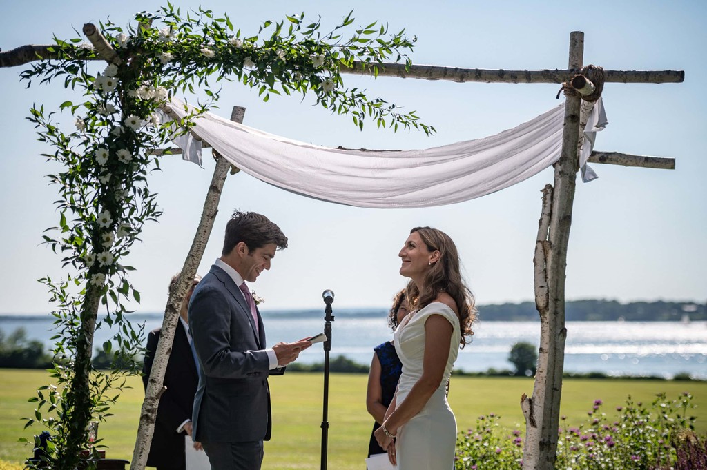 Ceremony with bay view Blithewold Mansion wedding