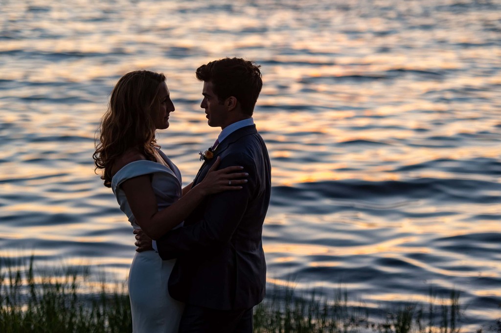 Sunset waterfront portrait Blithewold Mansion wedding