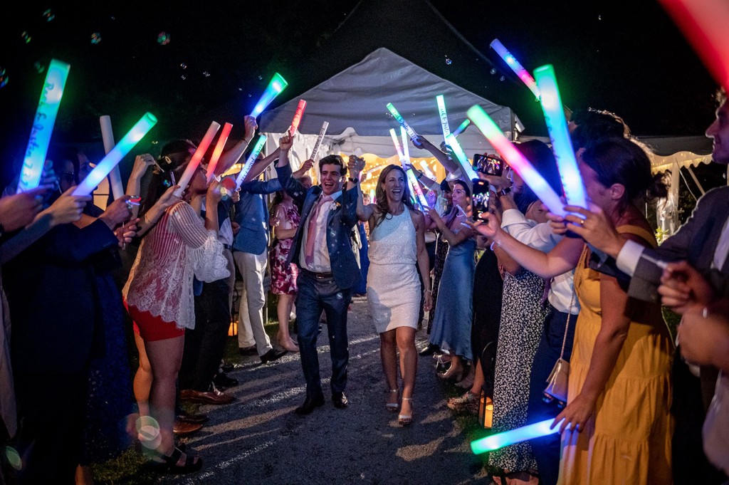 Reception exit with glow sticks Blithewold Mansion wedding