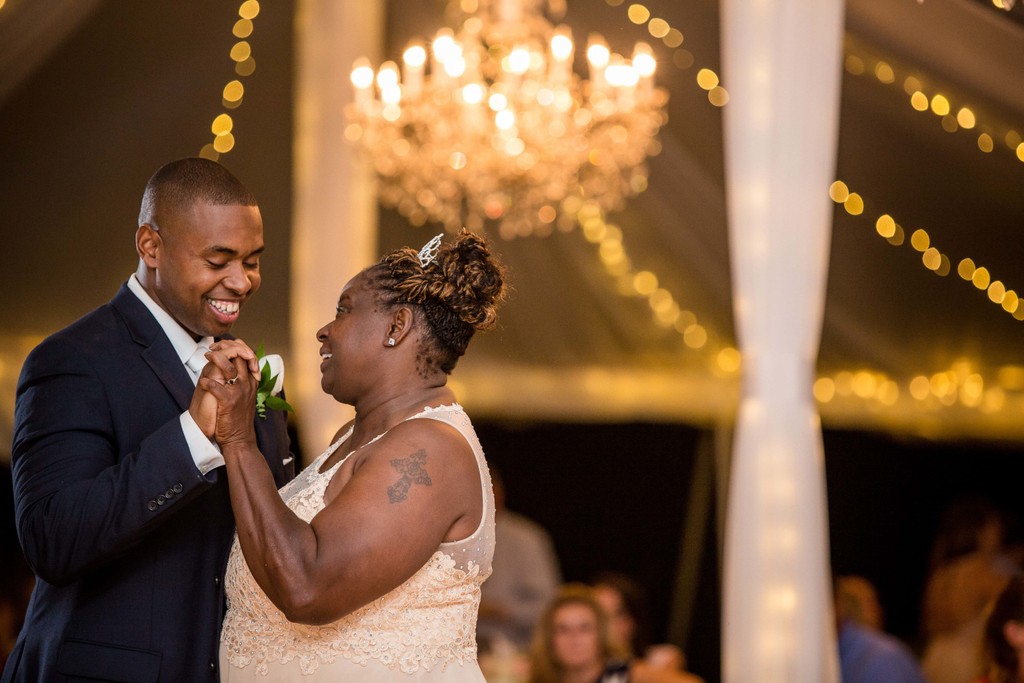 Son and mother dance during a Blithewold Mansion wedding reception