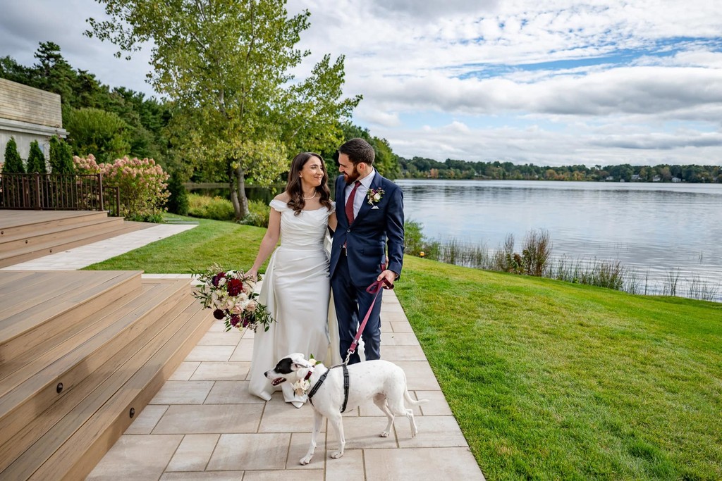 bride-groom-walking-dog-lakehouse-halifax