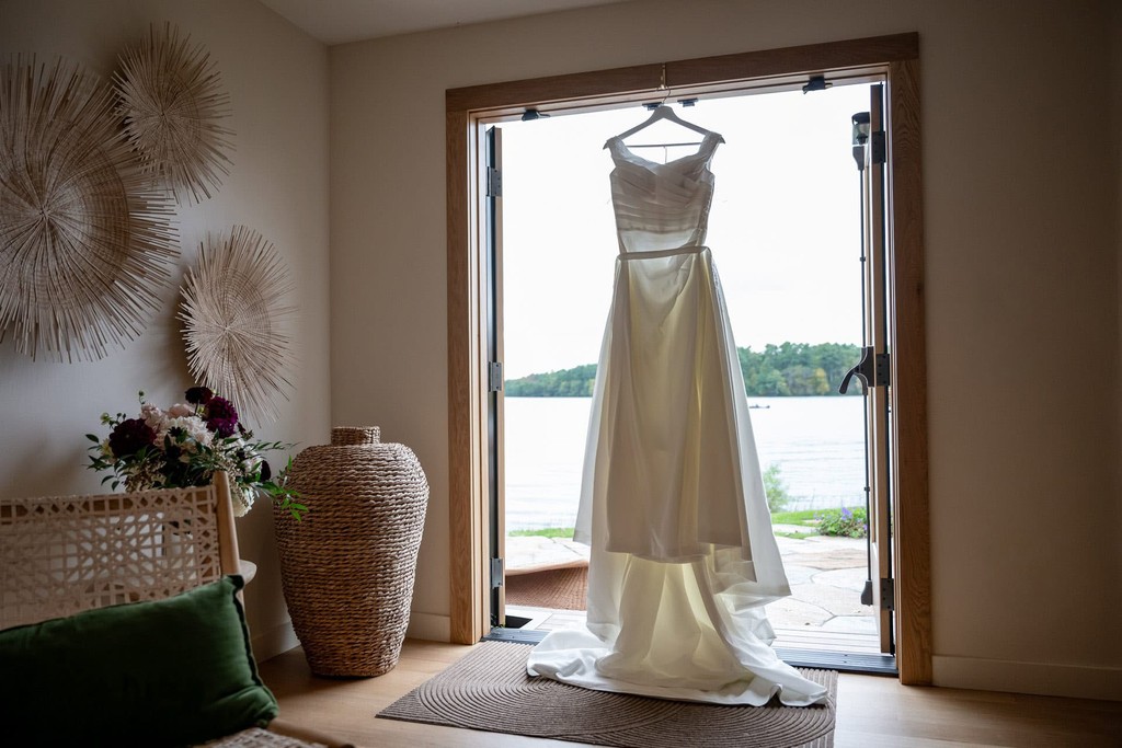 Wedding dress hanging at the lakehouse halifax bridal suite