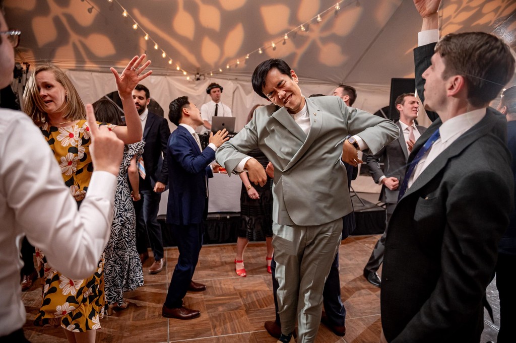 Enthusiastic guest dancing at a deCordova Museum wedding