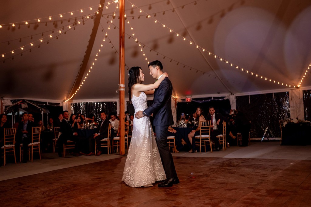 Romantic first dance under the tent at deCordova Museum weddings