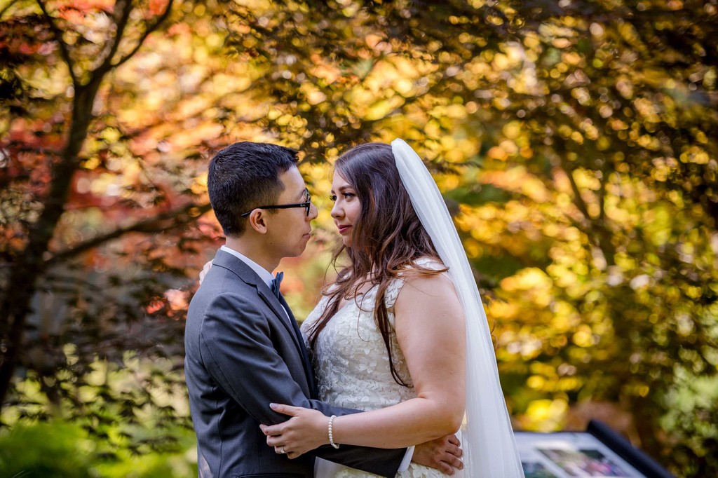 Bride and groom sharing a moment at Elm Bank