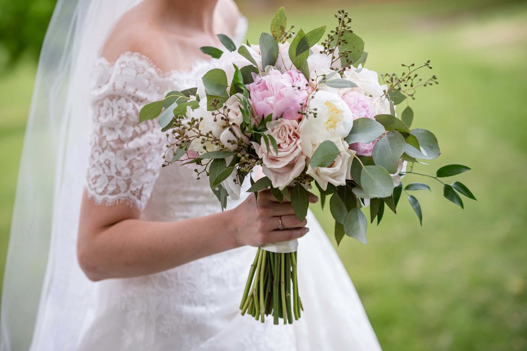 Soft pink and white wedding bouquet at Elm Bank wedding