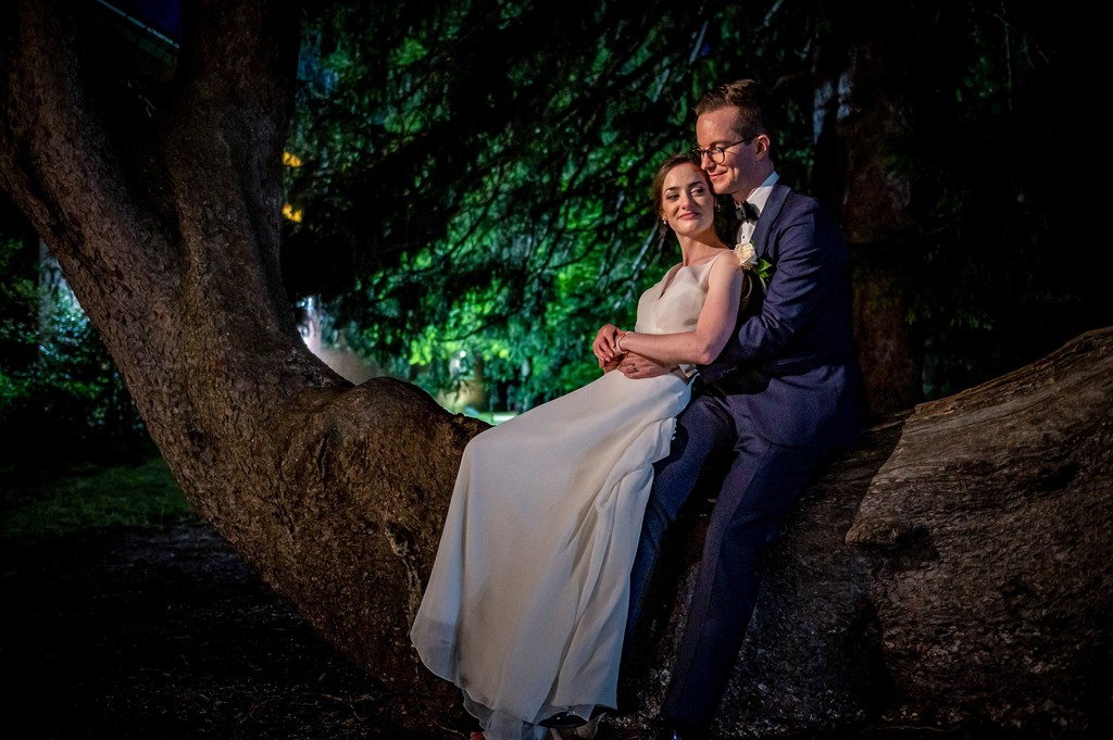 Romantic nighttime portrait of newlyweds at Elm Bank weddings