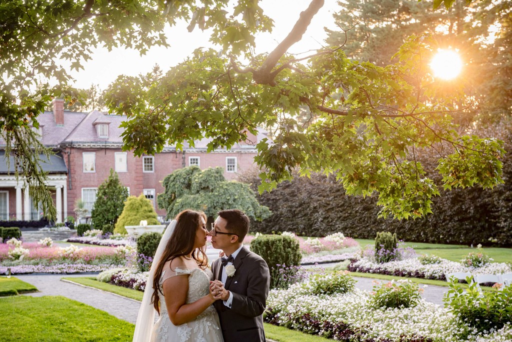 Sunset wedding portrait in the Italianate Garden at Elm Bank