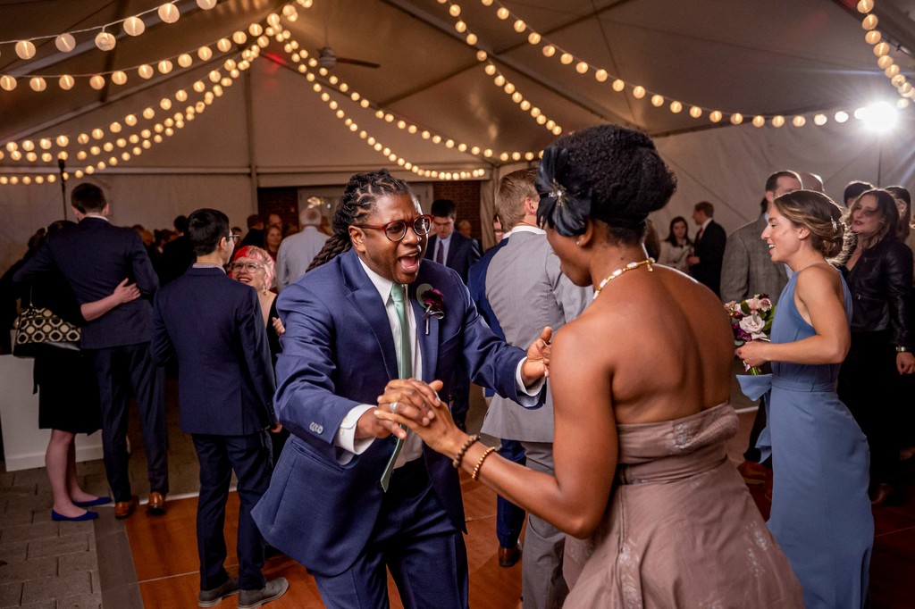 Wedding guests getting crazy on the dance floor at Elm Bank wedding