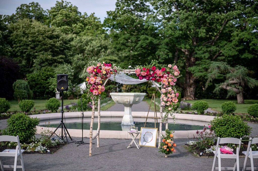 Floral ceremony arch in the Italianate Garden at Elm Bank wedding