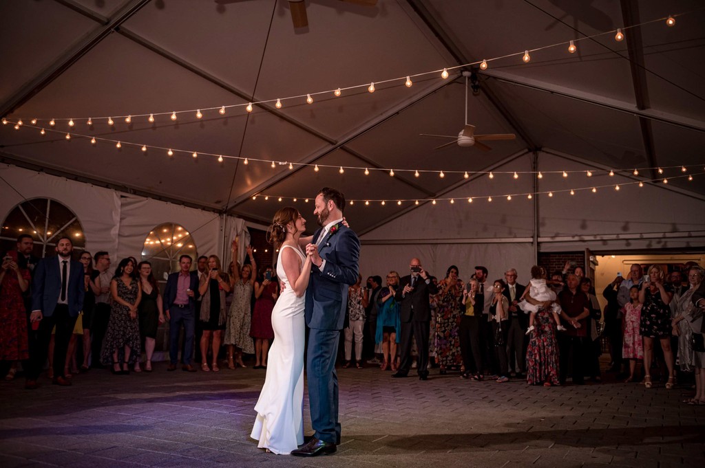 Bride and groom first dance at Elm Bank wedding reception