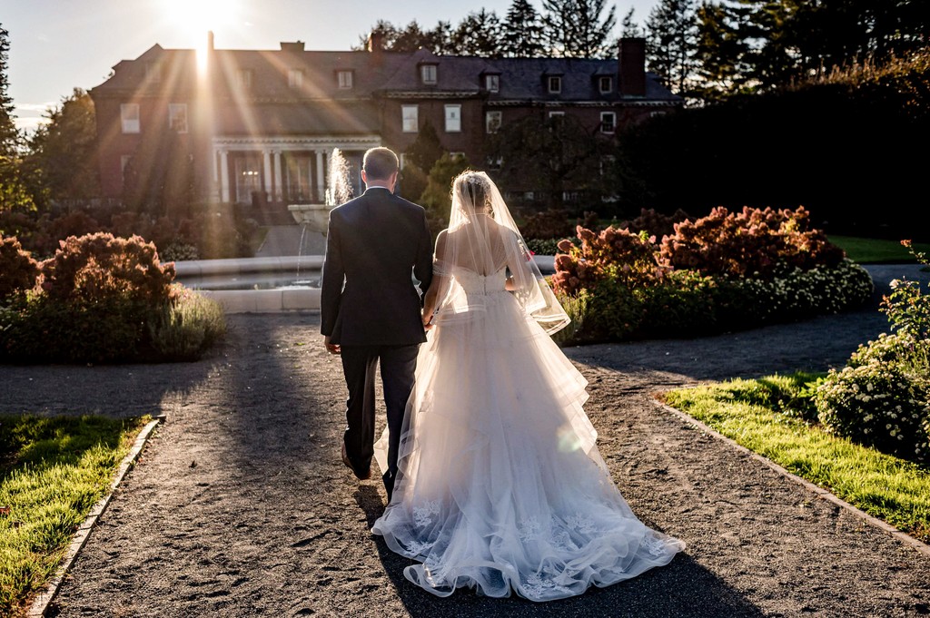 Elm Bank wedding couple walking towards the sunset