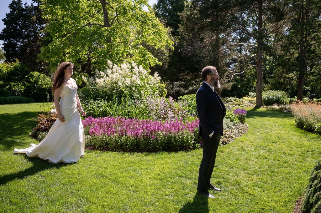 Long Hill wedding 1st look in the gardens