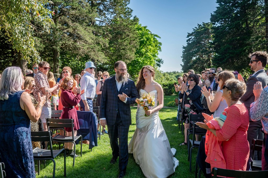 Outdoor ceremony exit at Long Hill wedding in Beverly MA