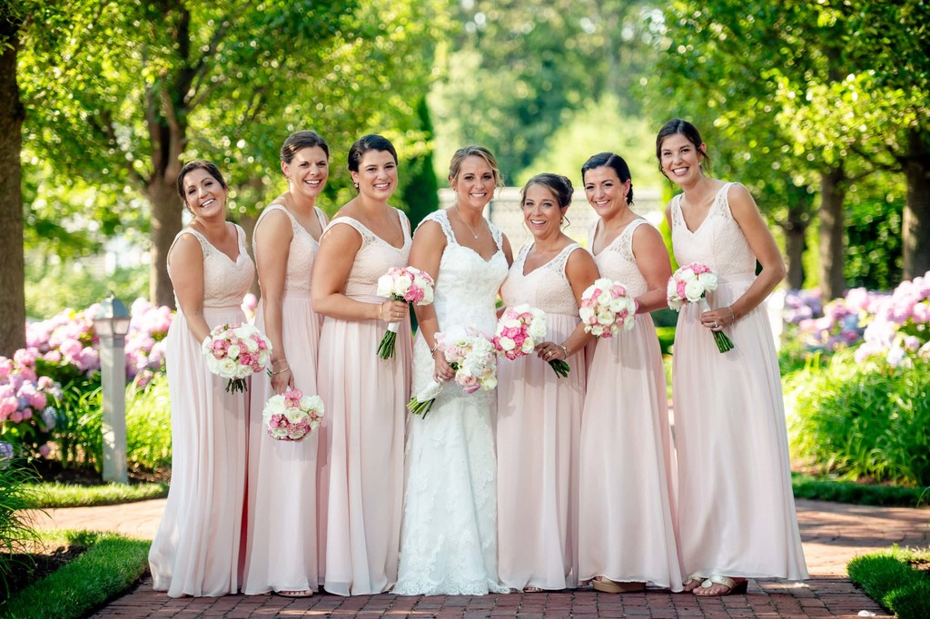 Bridal party portraits in Wequassett gardens