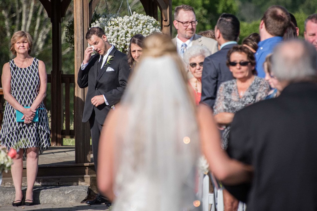 Emotional groom as bride walks down aisle – Fern Hill Barn ceremony