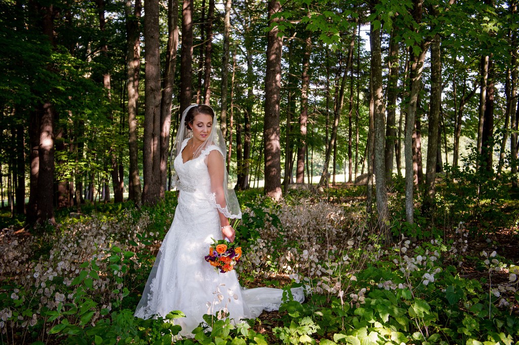 Bridal portrait in the woods at Fern Hill Barn