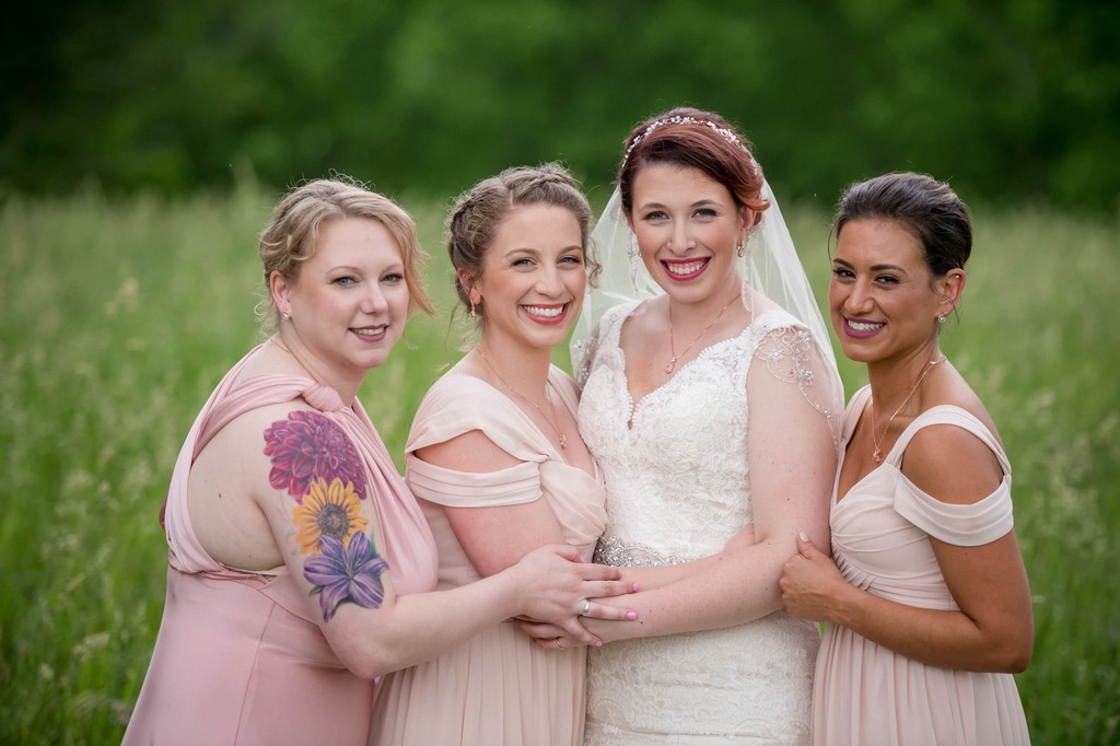 Elegant bridal party portrait in soft blush – Fern Hill Barn
