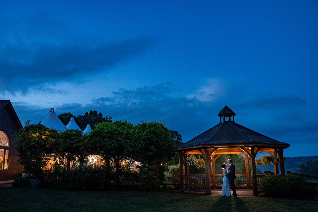 Evening shot of gazebo and barn – Fern Hill Barn venue