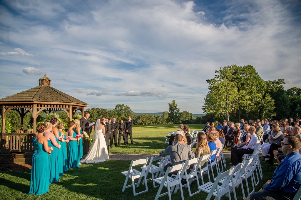 Gazebo ceremony setup on lawn – Fern Hill Barn