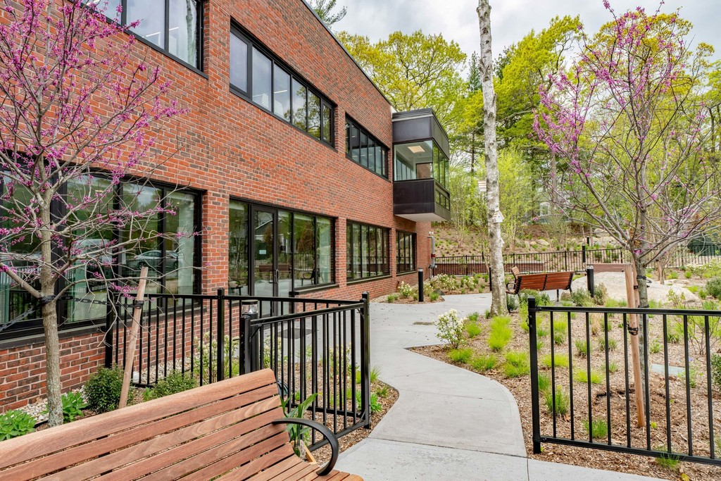 Brick office exterior in springtime Boston area