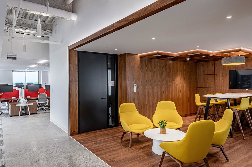 Startup office lounge with wood accents Boston