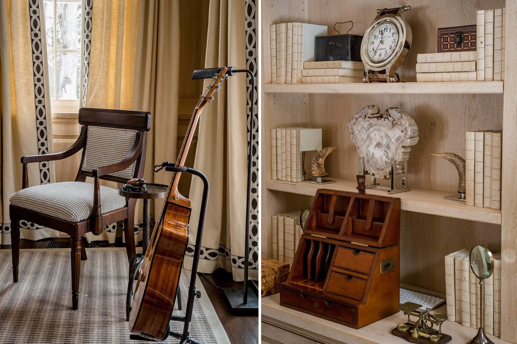 Traditional study with antique violin and built-in cabinetry