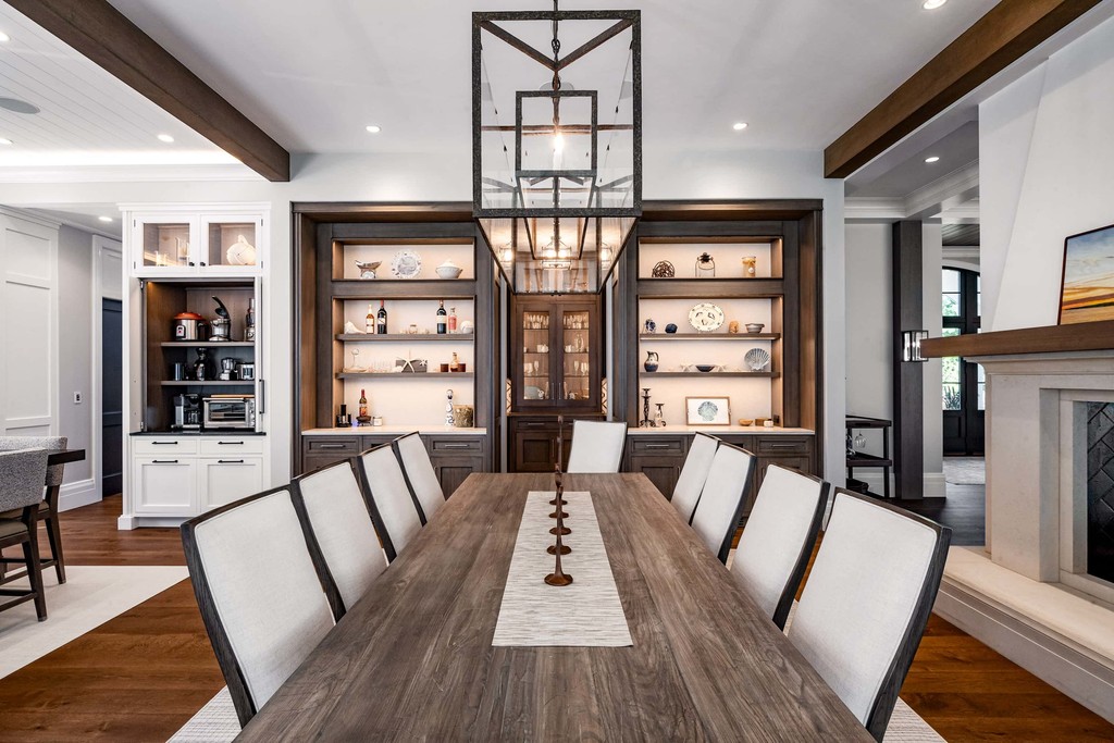 Modern farmhouse dining room with custom shelving