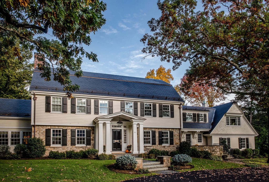 Traditional New England home exterior with columns