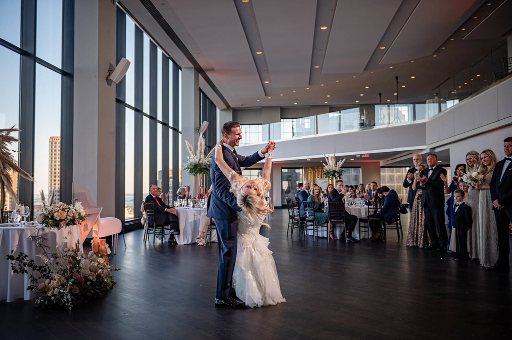 First dance dip at The State Room wedding reception