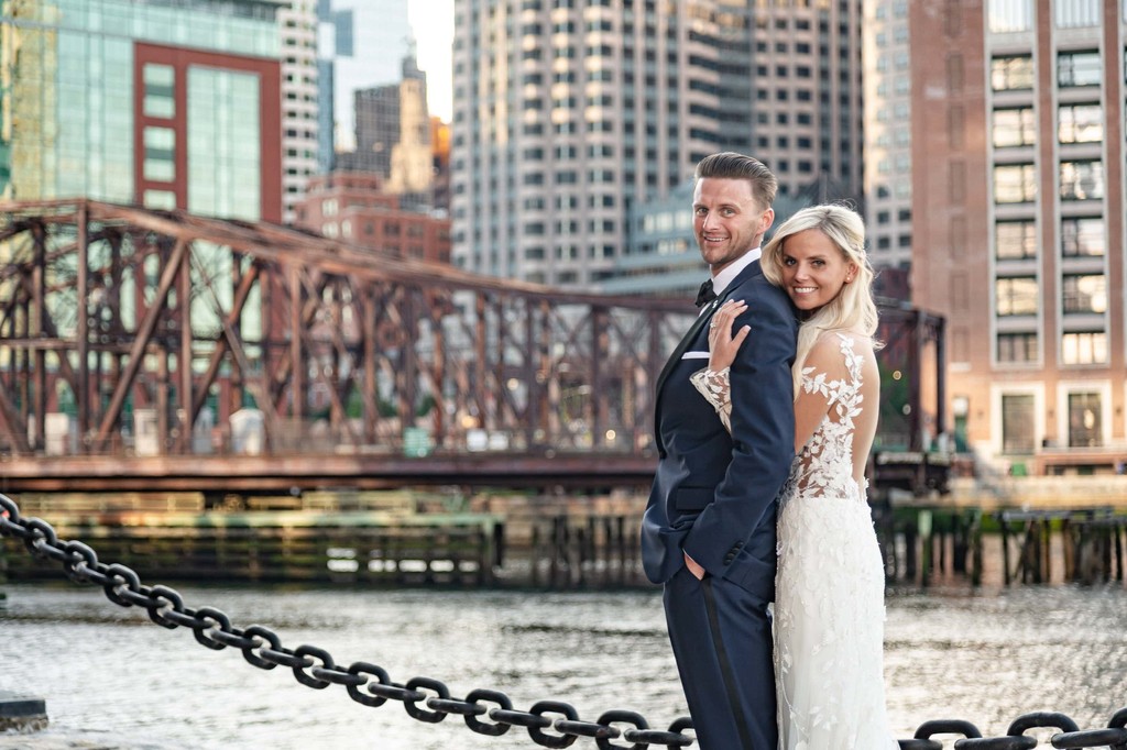 Wedding portrait by Boston Harbor at Fan Pier