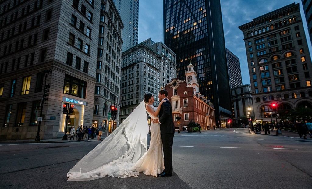 Classic downtown Boston wedding portrait by the Old Statehouse